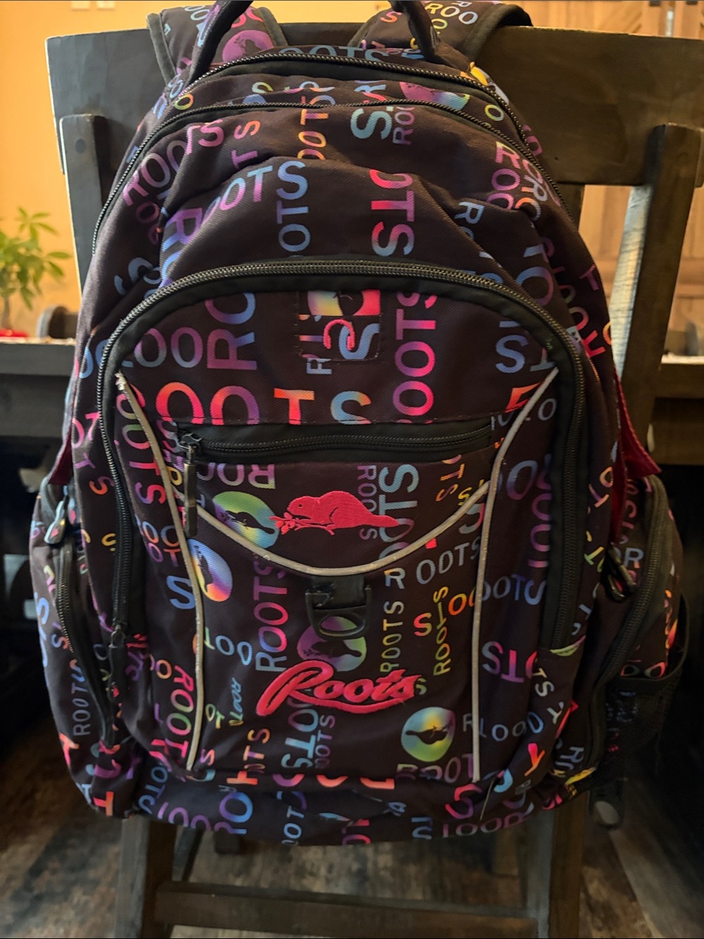Roots Canada Black Multi Word Print Laptop Backpack Ortho Support System
